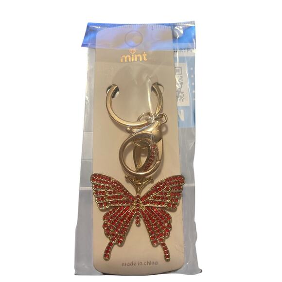 Mint gold plated butterfly with red sparkles keychain - Picture 1 of 1